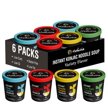 Hethstia Konjac Noodle, 6-Pack Instant Shirataki Noodle Soup Cups Variety Flavor(Spicy Red Curry, Miso, Kimchi, Tom Yum) - Low-C