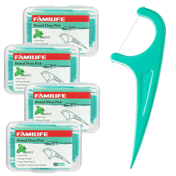 Familife Floss Picks, 240 Count Mint Dental Floss Picks, Tooth Picks Flossers With 4 Travel Handy Cases, Helps To Fight Tooth De