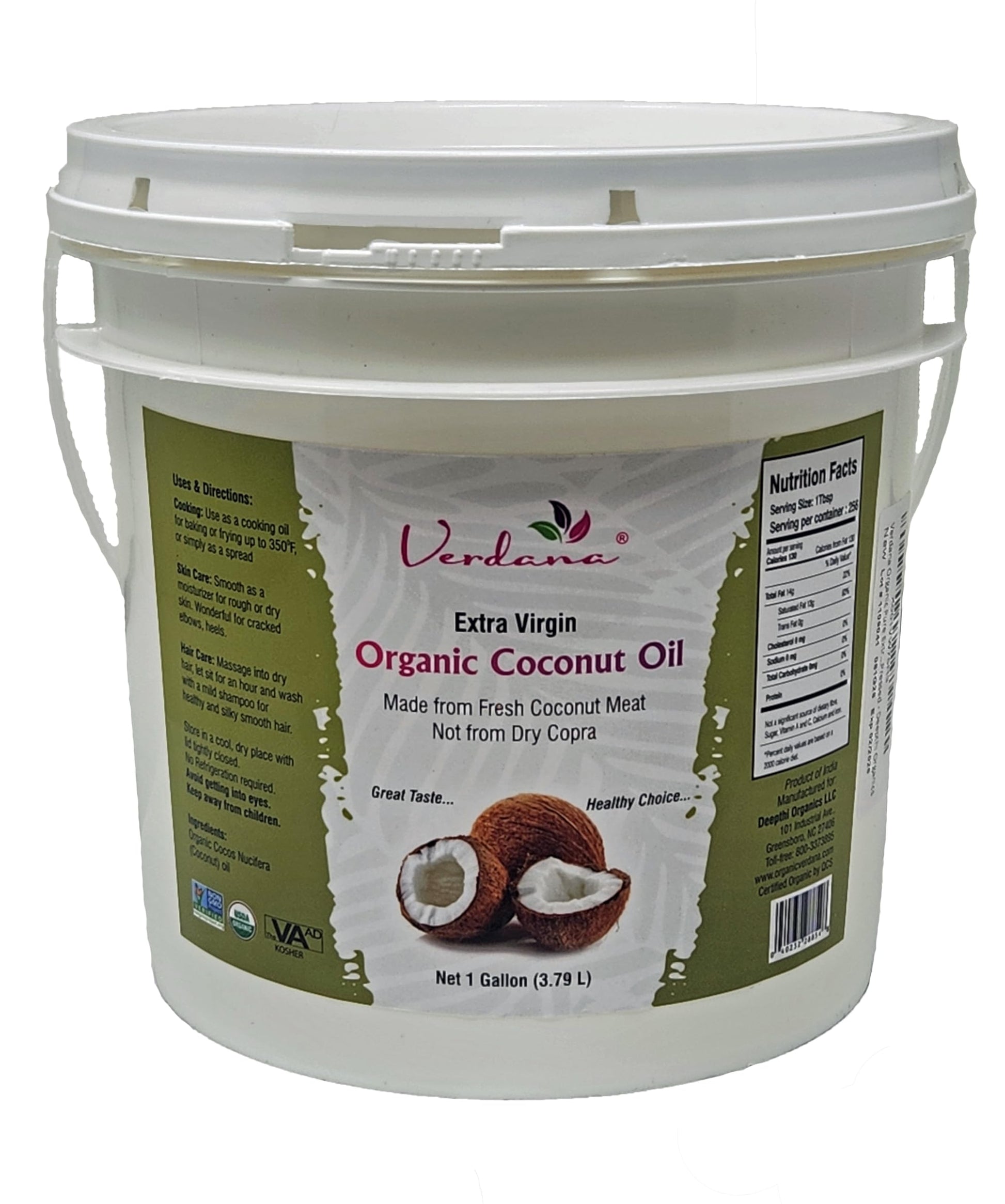 Verdana Extra Virgin Coconut Oil - Usda Organic, Unrefined Cold Pressed Oil For Baking And Cooking - 1 Gallon