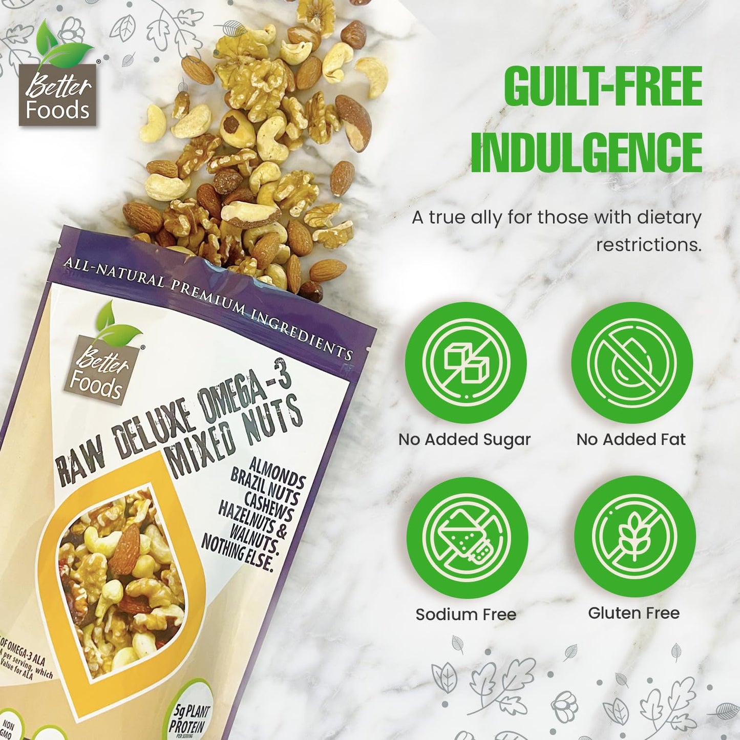 BetterFoods Raw Unsalted Omega-3 Mixed Nuts, 24oz - Almonds, Cashews, Walnuts, Hazelnuts, Brazil Nuts, Gluten Free Snack