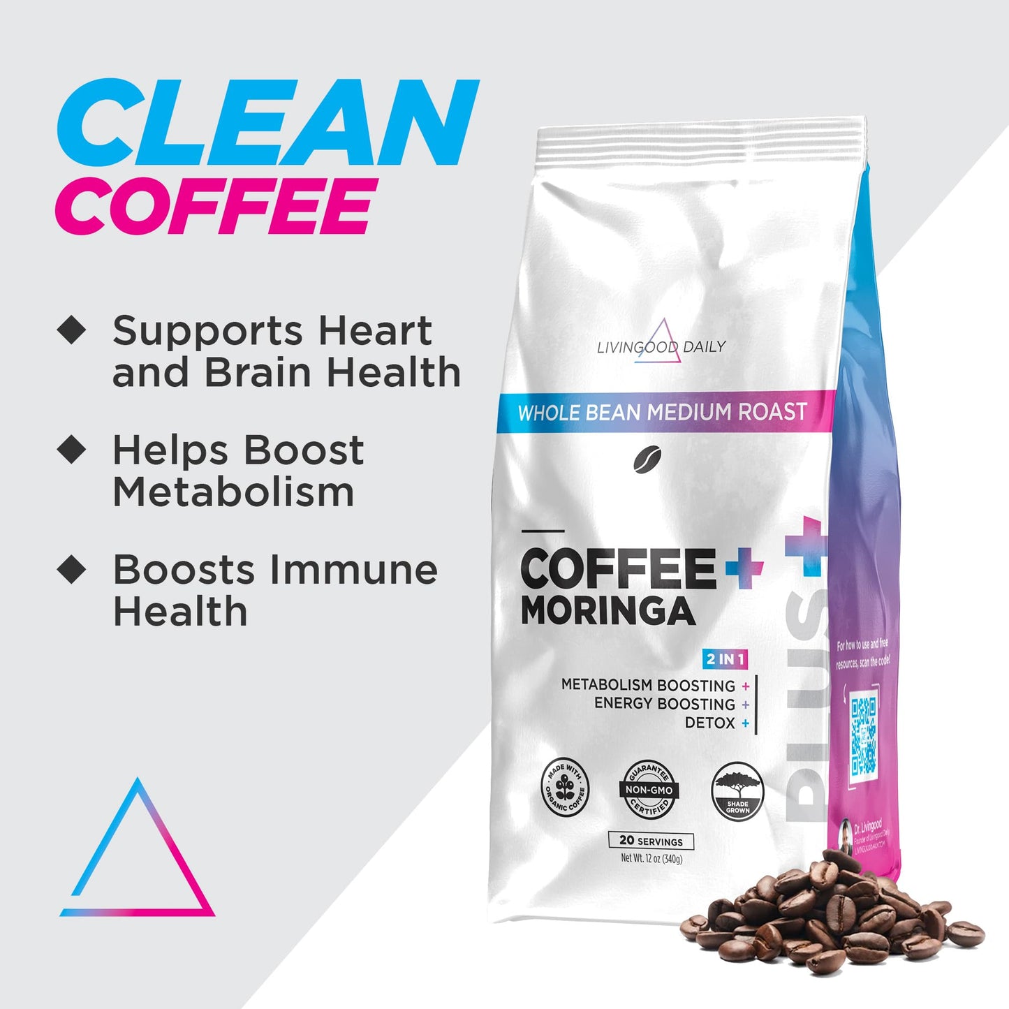 Livingood Daily Coffee Medium Roast with Moringa, 12 oz Bag, Organic, Non-GMO, Vegan, Gluten-Free