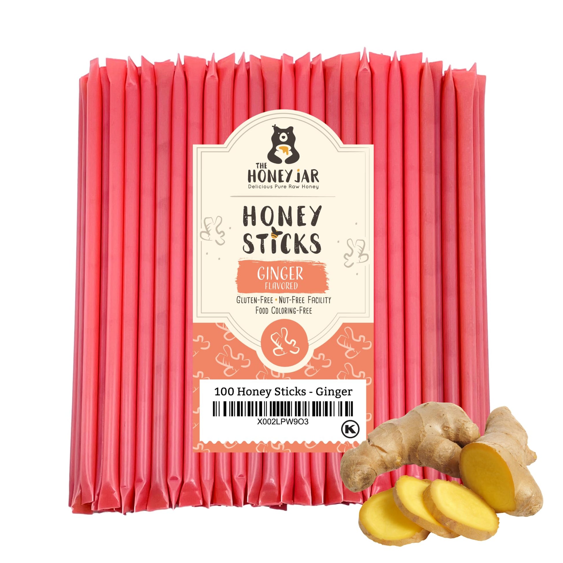 The Honey Jar Ginger Flavored Honey Sticks - Pure Honey Straws For Tea, Coffee, Or A Healthy Treat - One Teaspoon Of Flavored Ho
