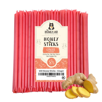 The Honey Jar Ginger Flavored Honey Sticks - Pure Honey Straws For Tea, Coffee, Or A Healthy Treat - One Teaspoon Of Flavored Ho