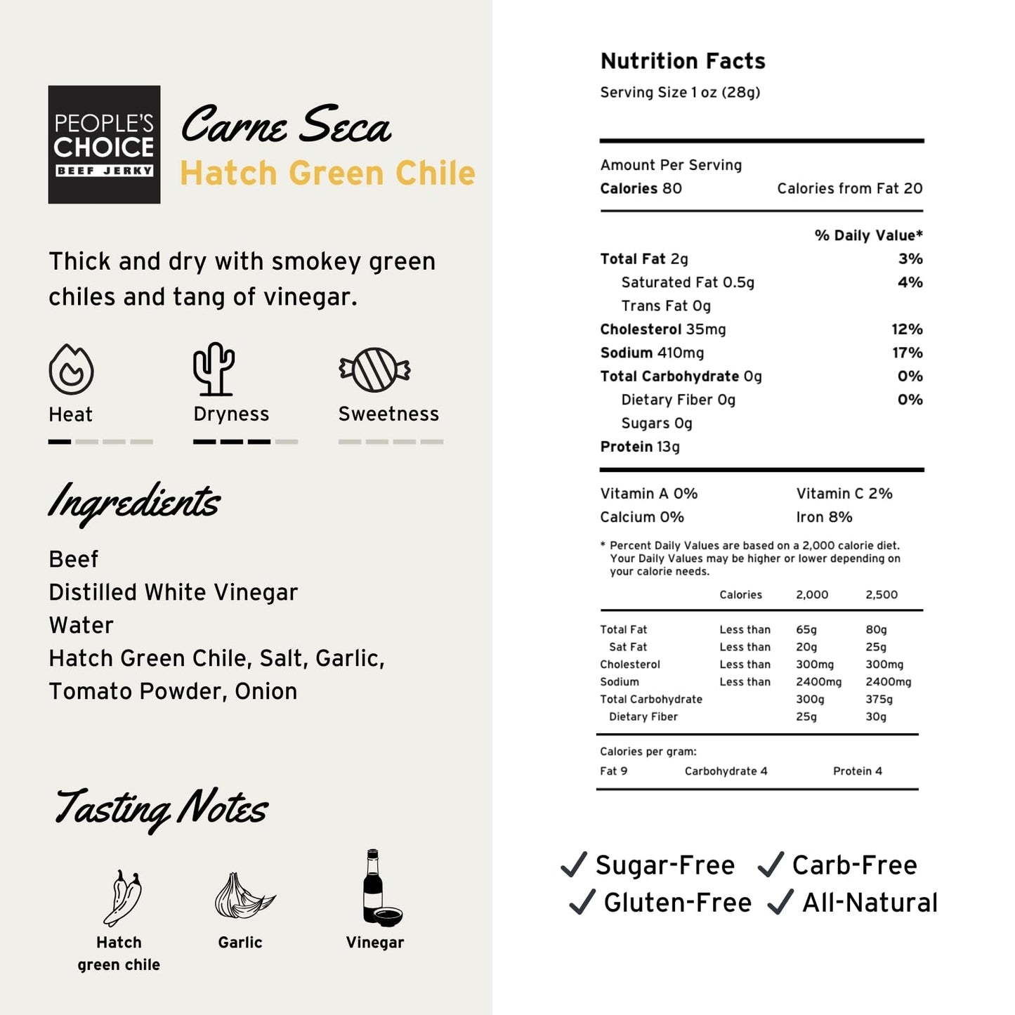 Peoples Choice Beef Jerky - Carne Seca - Hatch Green Chile - 13g Protein - Sugar Free, Zero Carb, Keto Friendly - Dry Texture -