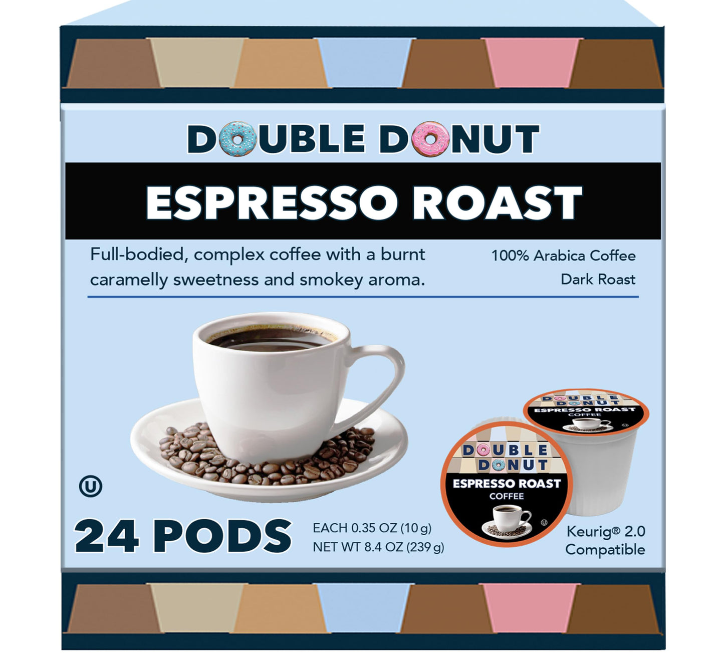 Double Donut Coffee Espresso Roast Blend, 24 Recyclable Single Serve Pods for Keurig K Cup Machine