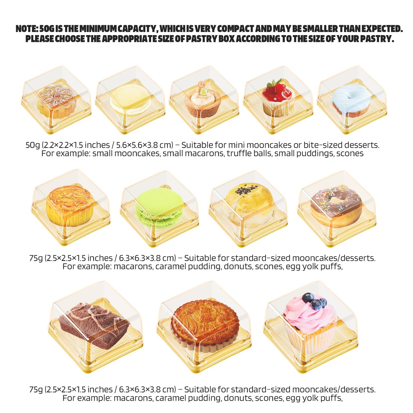 BenRan Mooncake Box Set for 50g/63g/75g/100g/125g - Gold (50 Sets), Polyethylene, Model MCC03