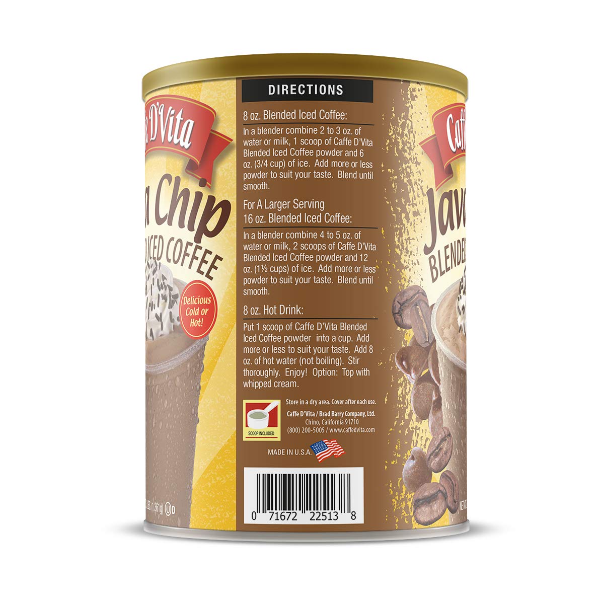 Caffe DVita Java Chip Latte Frappe Mix - Gluten Free, Low Fat, 3 lb Can