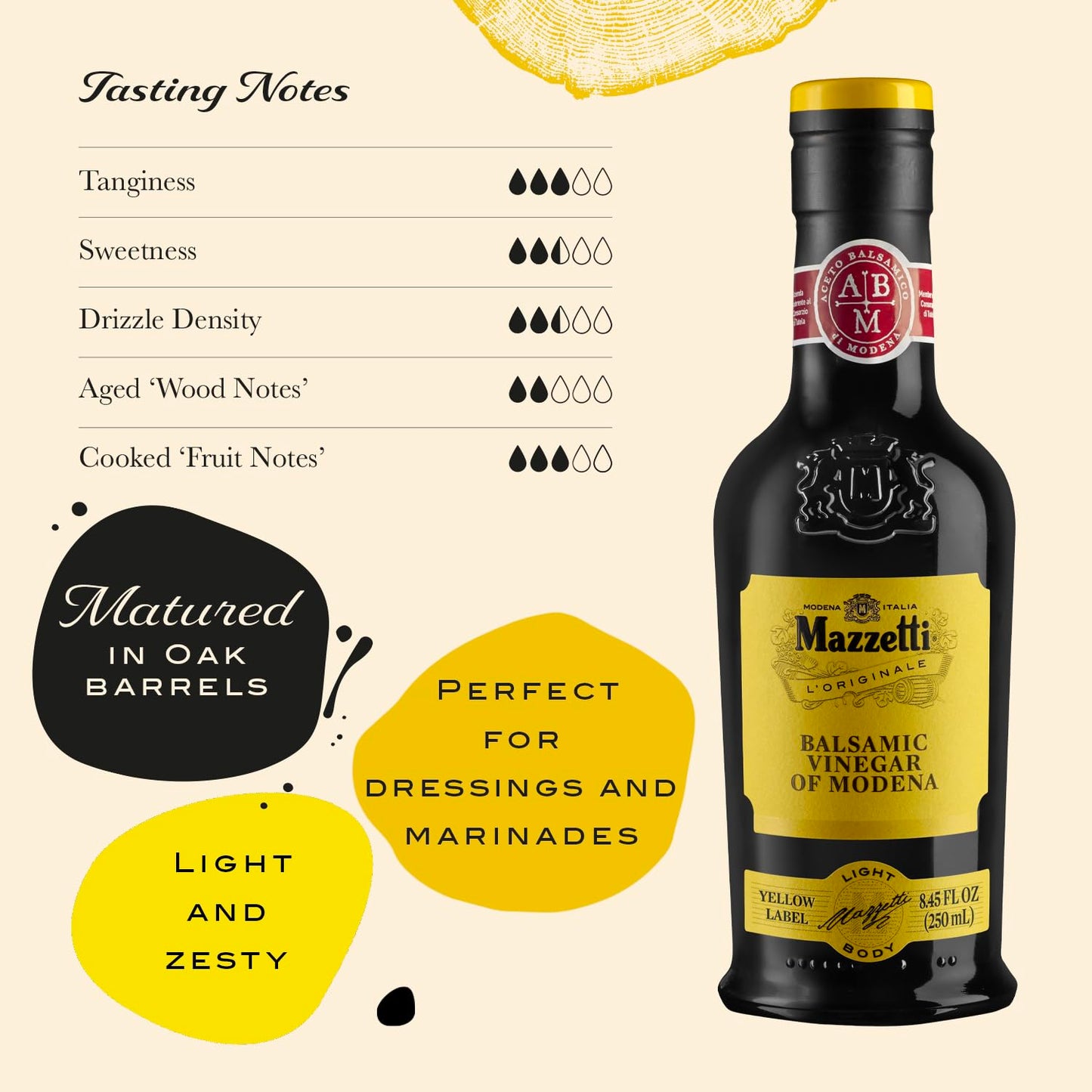 Mazzetti Balsamic Vinegar Pgi- 3 Leaf Yellow Label, 8.45 Fl Oz (Pack Of 1)