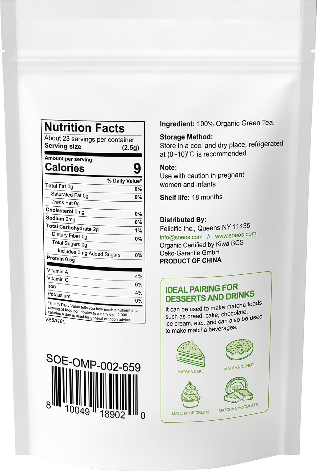 Soeos Organic Matcha Powder  Matcha Green Tea Powder  2 oz (57g)  Antioxidant-Rich Japanese Matcha for Lattes  Smoothies and Baking  Recyclable Bags