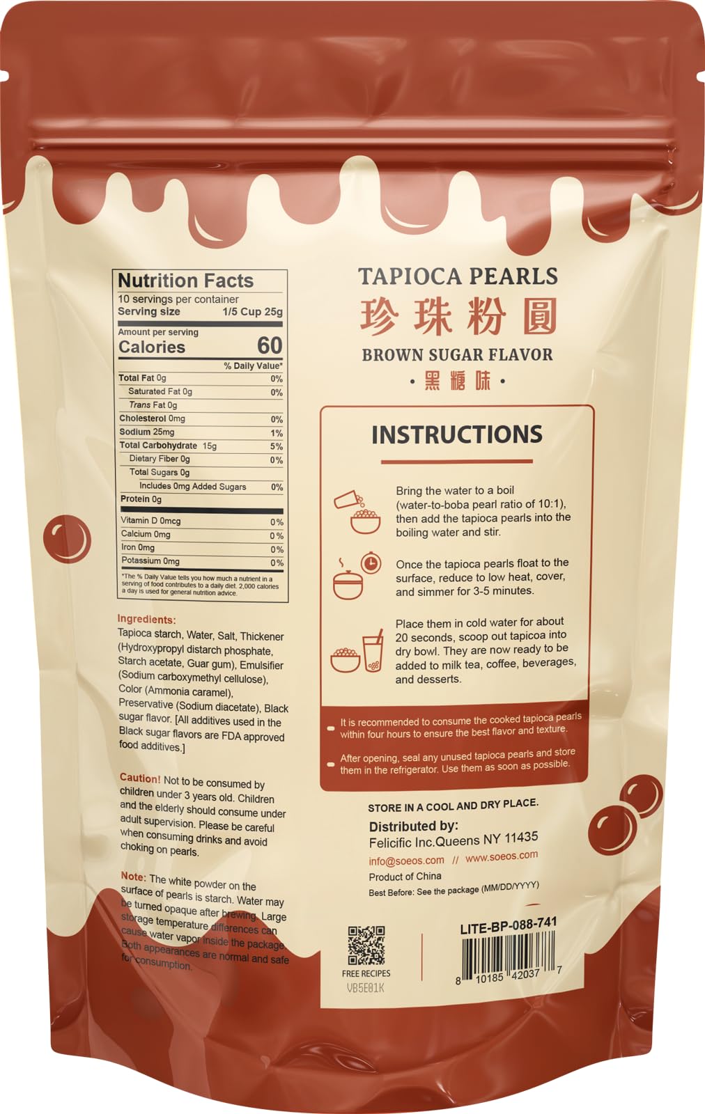 Soeos Boba Pearls, Black Tapioca Pearls 8.8 Oz, Black Sugar Flavor Boba Pearls For Bubble Tea, Smoothies & Desserts - Sweet, Che
