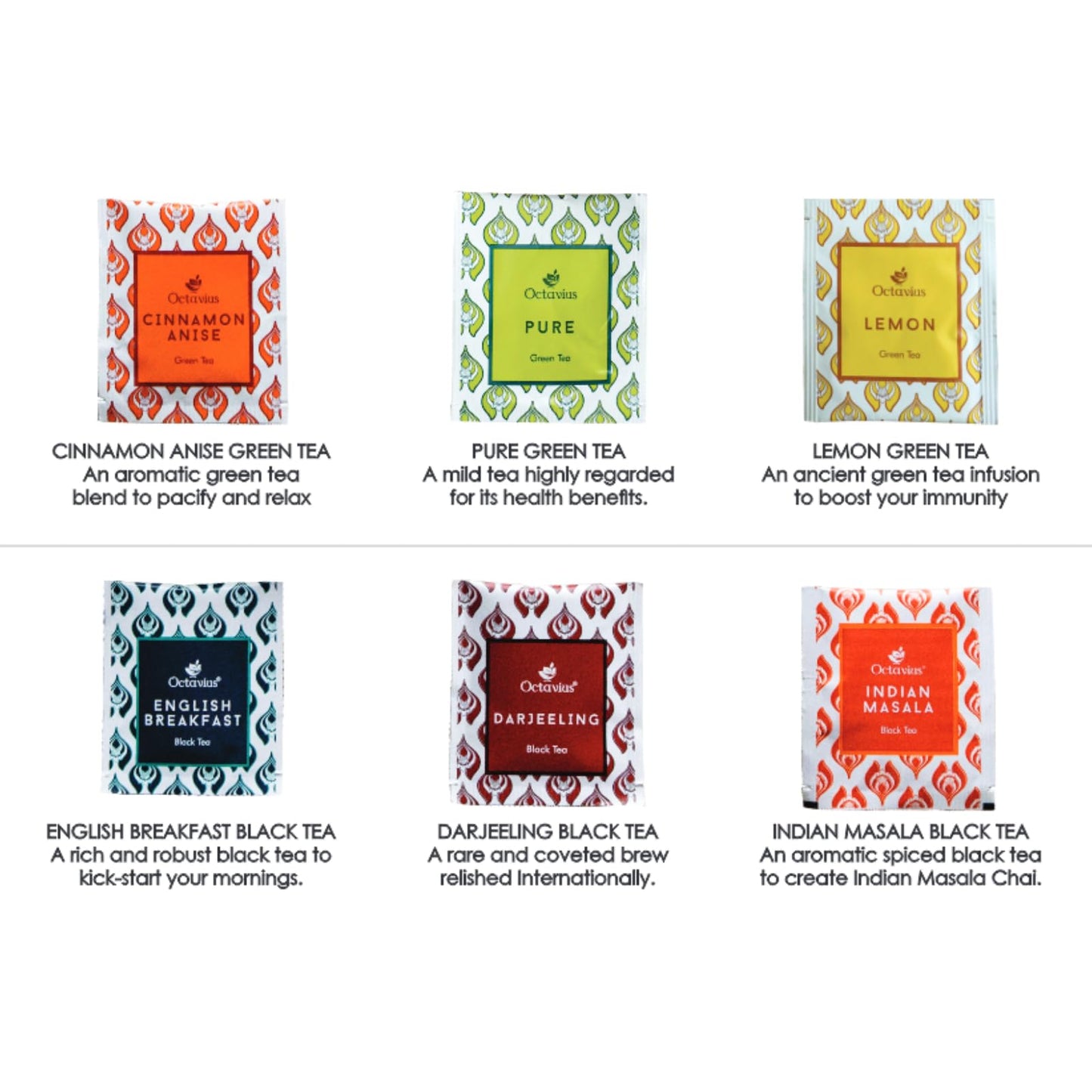 Octavius, Assorted Tea Sampler Gift Set (6 Flavors, 60 Tea Bags) | Black & Green Tea Sampler Pack | Leaf Cut Design Wooden Tea G