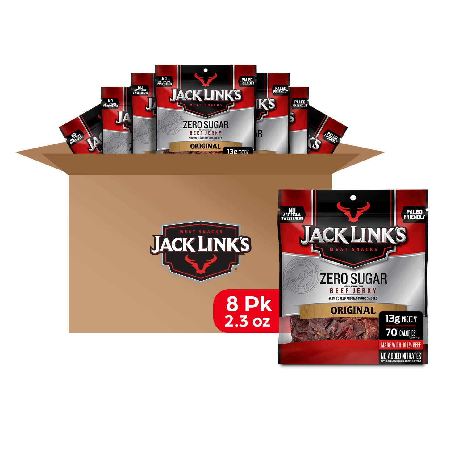 Jack Link's Beef Jerky, Original, Zero Sugar - Flavorful Meat Snacks, Ready to Eat Protein Snacks with 13g of Protein per Servin