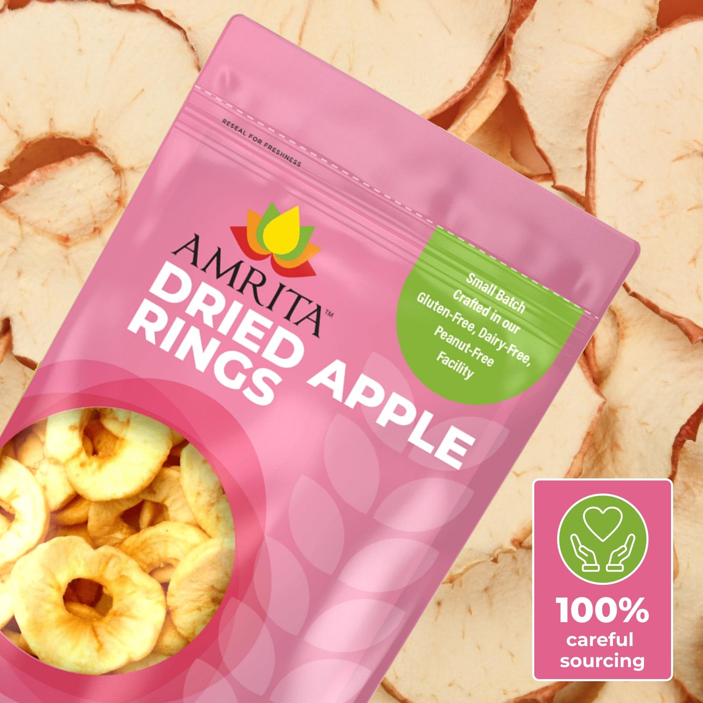 Amrita Dried Apple Rings, No Sugar Added, Vegan, Gluten-Free, 16 oz Resealable Bag
