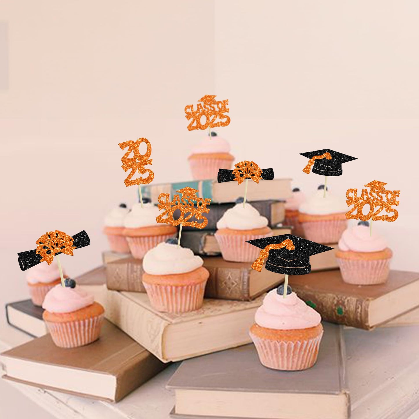 Ephlyn 36Pcs Graduation Cupcake Toppers, Glitter Class of 2025, Orange, Diploma & Cap Picks for Graduation Party Decorations