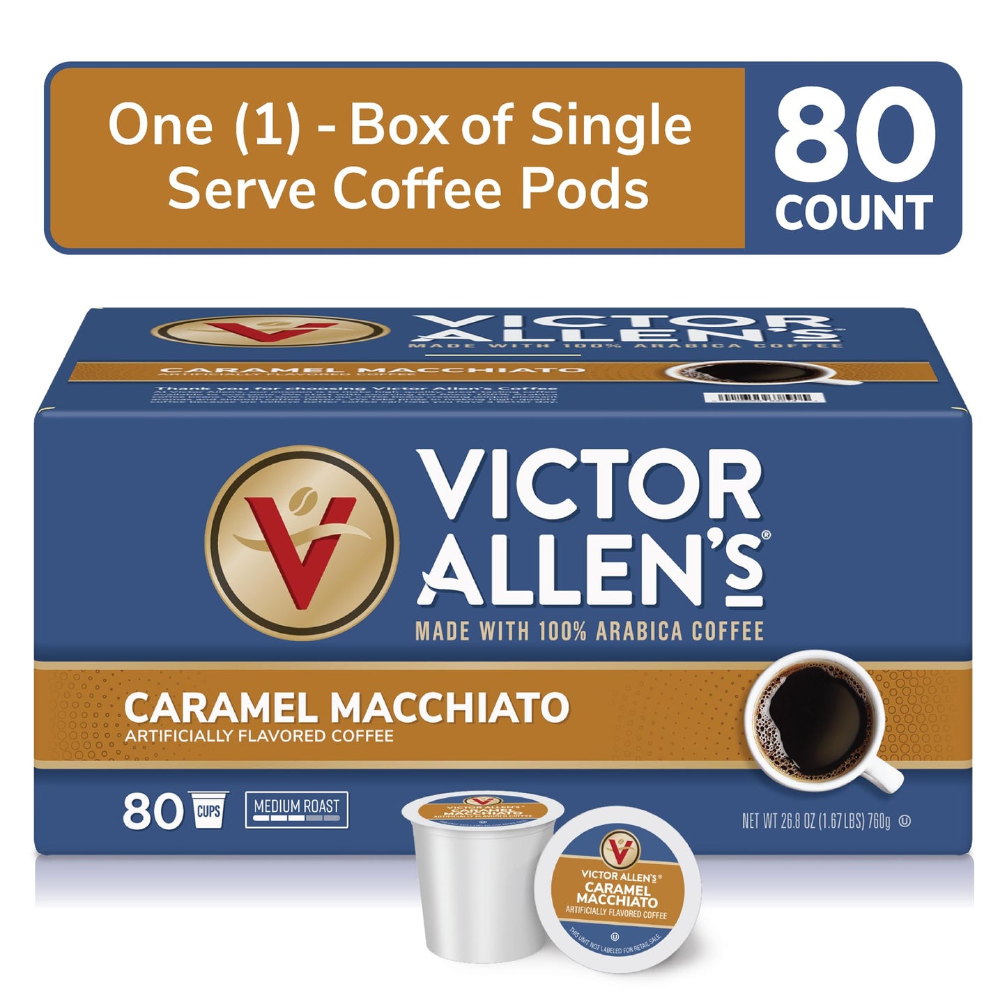 Victor Allens Coffee Caramel Macchiato Pods, Medium Roast, 80 Count, Single Serve for Keurig, Brown