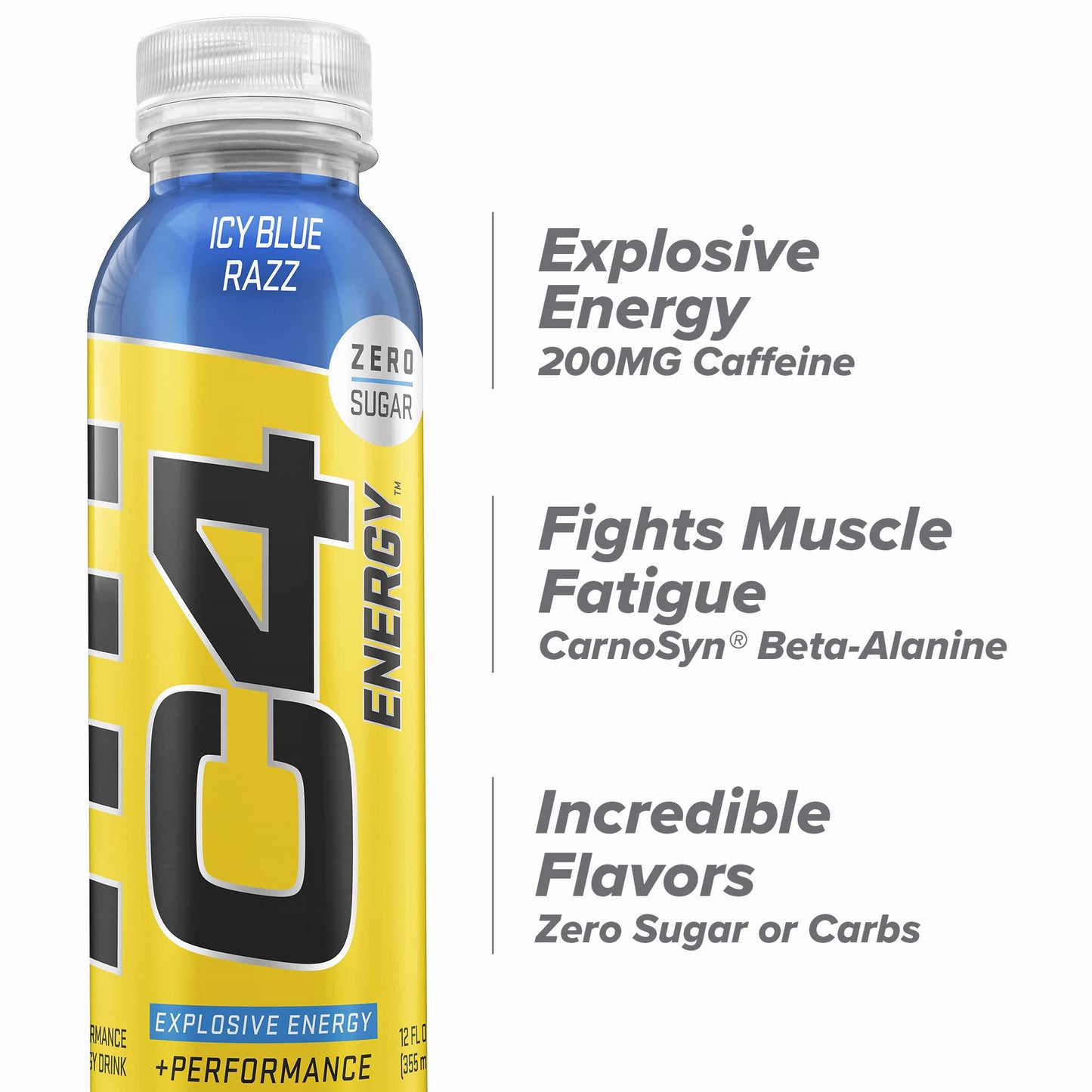 Cellucor C4 Energy Non-Carbonated Zero Sugar Energy Drink, Pre Workout Drink + Beta Alanine, Icy Blue Razz, 12 Fl Oz (Pack of 12