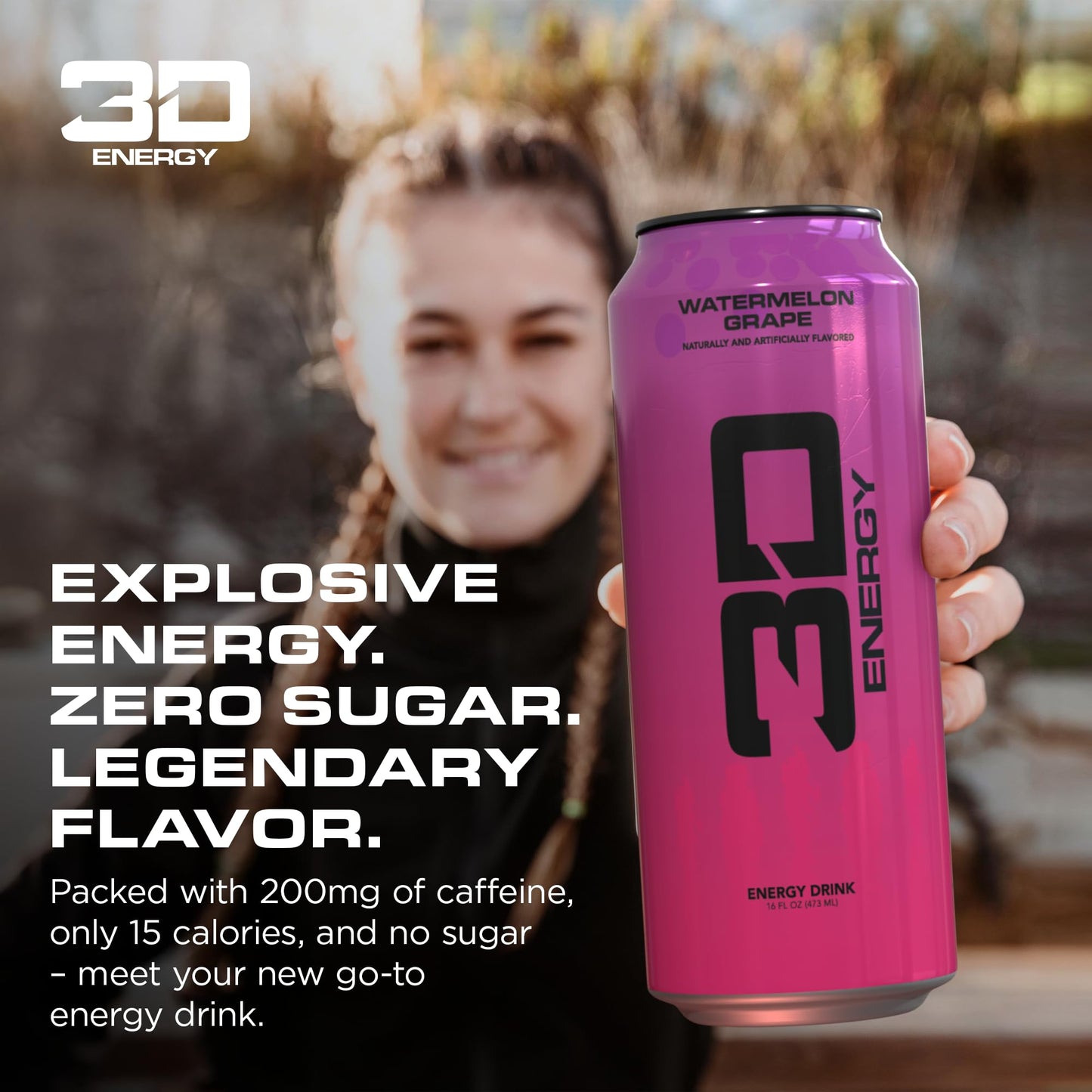 3D Energy Drink - Sugar Free  200mg Caffeine  Pre Workout  Taurine  L-Carnitine  Lightly Carbonated  16oz Cans  12 Pack - Watermelon G