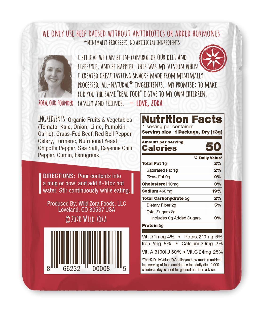 Wild Zora Instant Keto-Friendly Soups Picante Beef 8-Pack Broth Made With 100% Grass-Fed Beef, And Vegetables, Gluten-Free, Grai