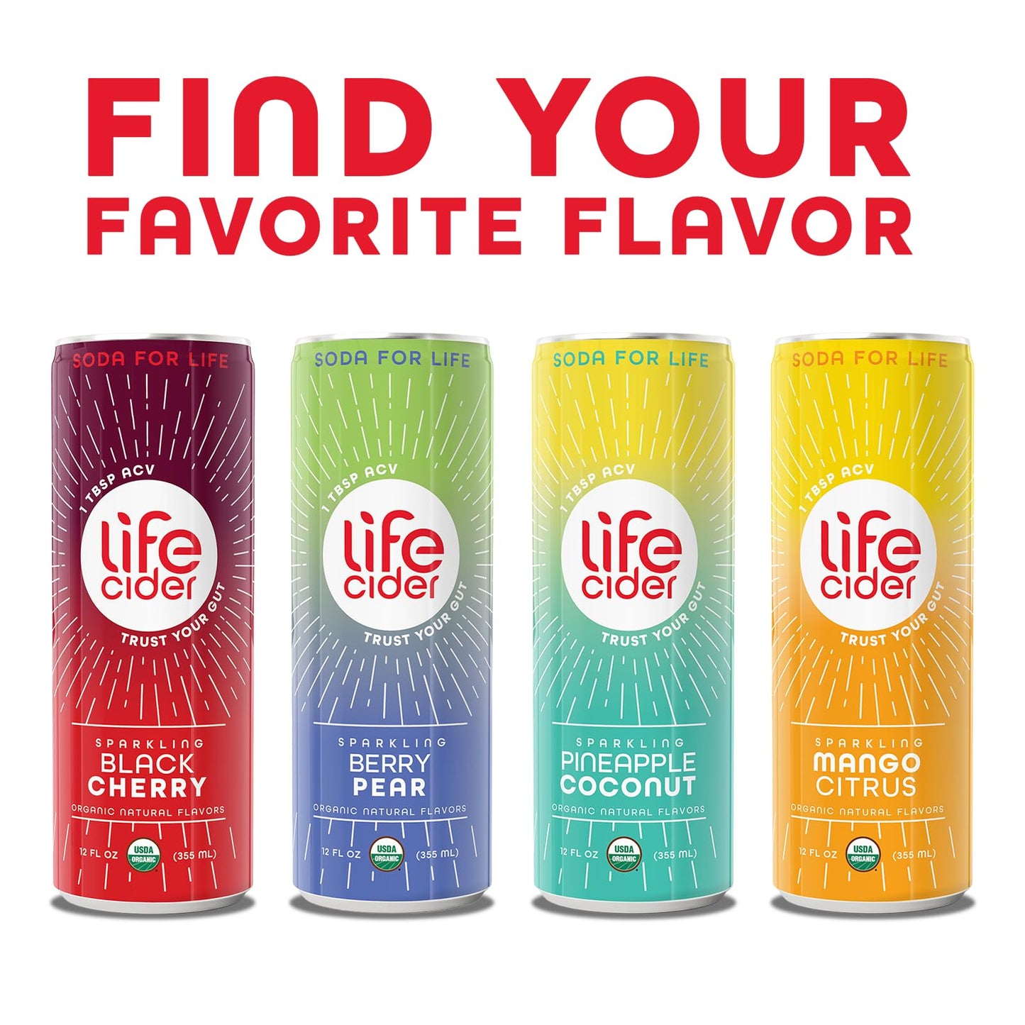 LIFE CIDER Black Cherry Apple Cider Vinegar Soda, 12 Pack, Organic Sparkling Drink, Promotes Gut Health, Natural Flavors