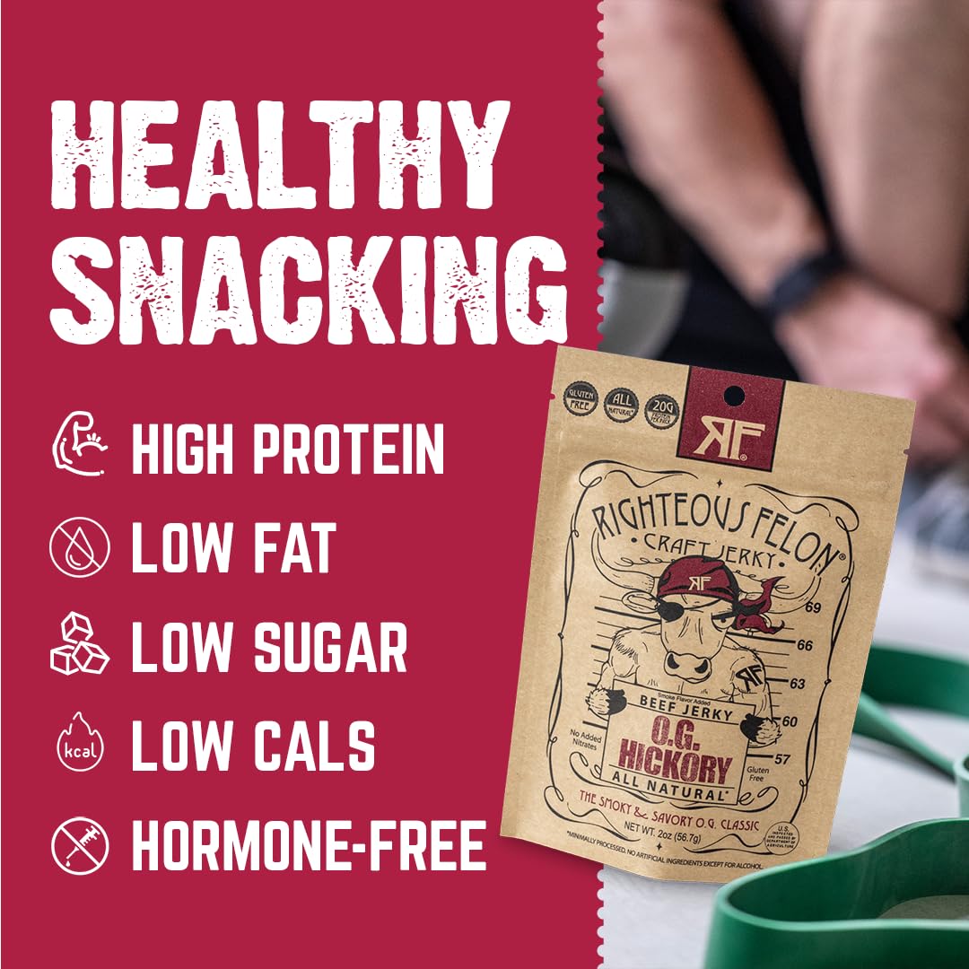 Righteous Felon Beef Jerky - Og Hickory Flavor - All-Natural Jerky - Locally Sourced & Dried Beef Jerky - Low-Sugar, High-Protei