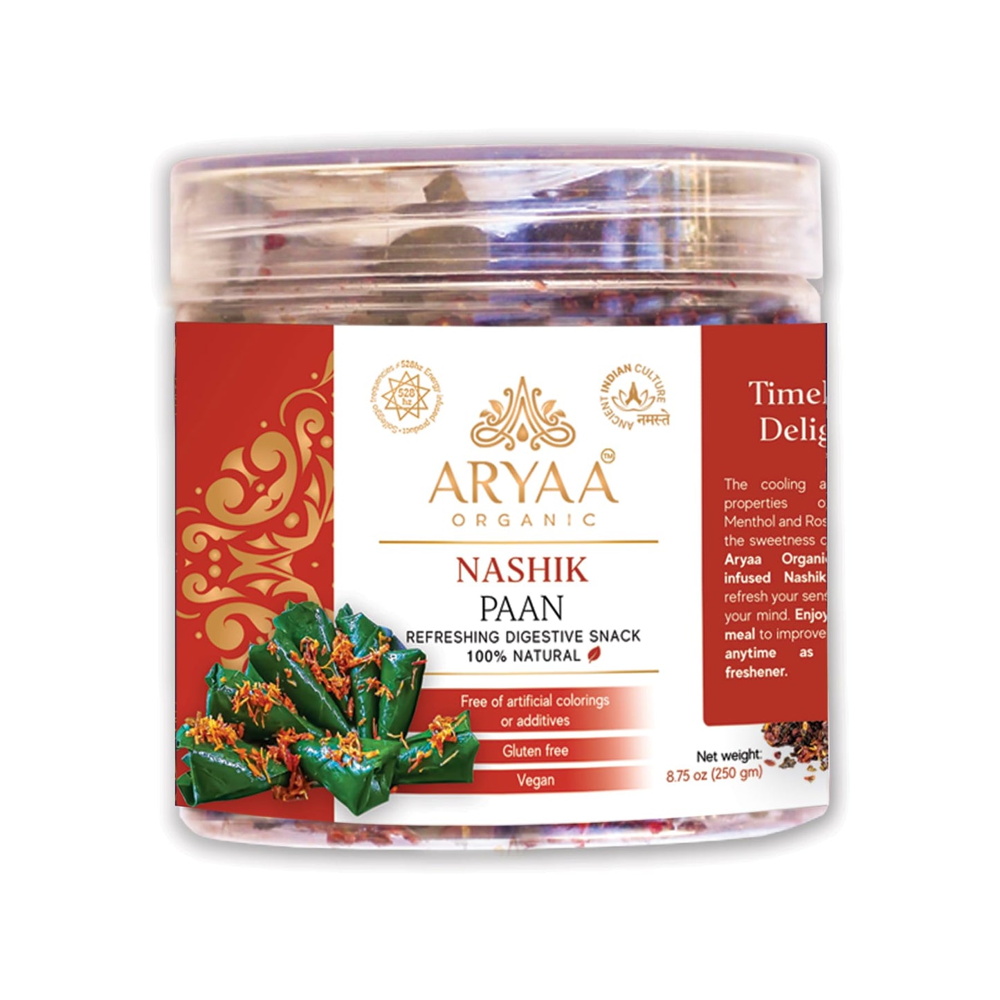 Aryaa Organic Nashik Paan 8.75Oz (250Gm) Herbal Tea & Digestive Snack | 100% Natural, Vegan, Gluten-Friendly | Sound-Infused, No