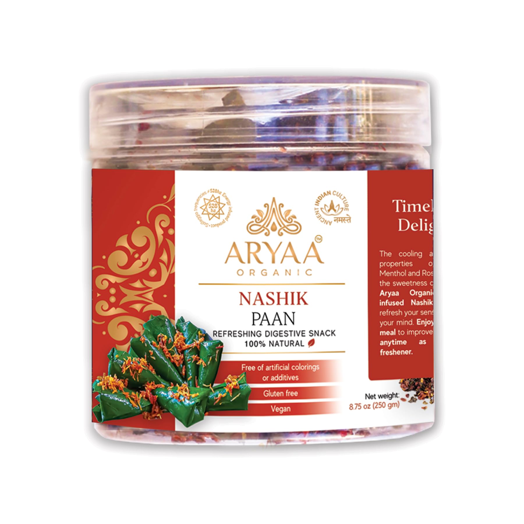 Aryaa Organic Nashik Paan 8.75Oz (250Gm) Herbal Tea & Digestive Snack | 100% Natural, Vegan, Gluten-Friendly | Sound-Infused, No