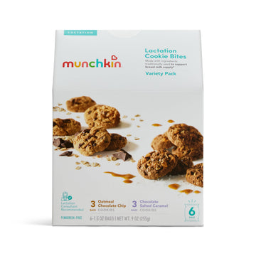 Munchkin Lactation Cookie Bites Variety Pack - Helps Increase Milk Supply For Nursing/Breastfeeding/Pumping Moms  3 Oatmeal Chocolate Chip  3 Chocolate Salted Caramel  6 Pack