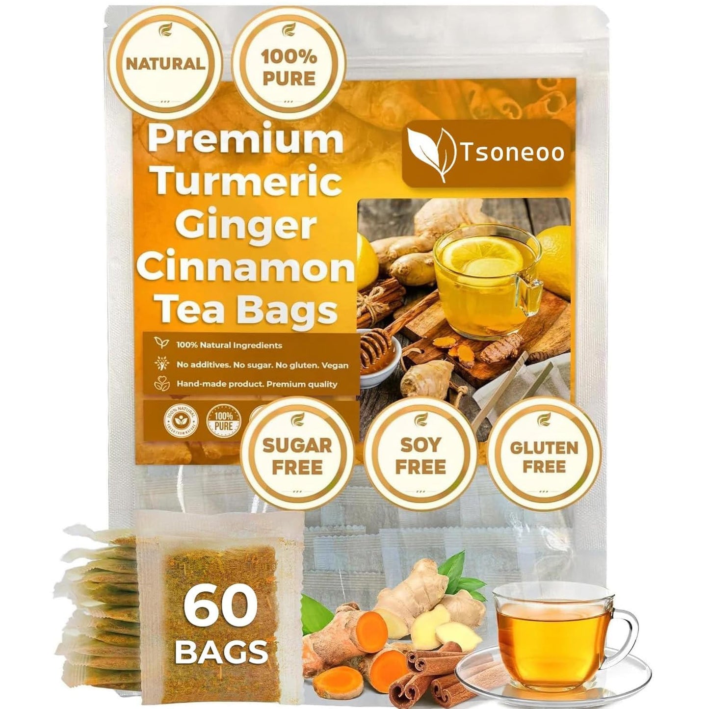 tsoneoo Premium Turmeric Ginger Cinnamon Tea Bags, 100% Natural, Caffeine-Free, 1 BOX