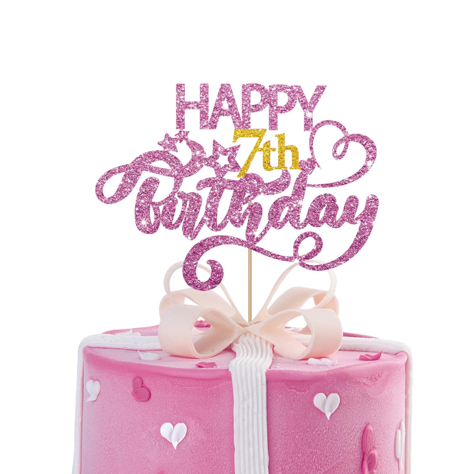 Pink Glitter Happy 7Th Birthday Cake Topper, Seven Years Old Birthday Party Cake Decor, Gold Number 7 Birthday Party Supplies De