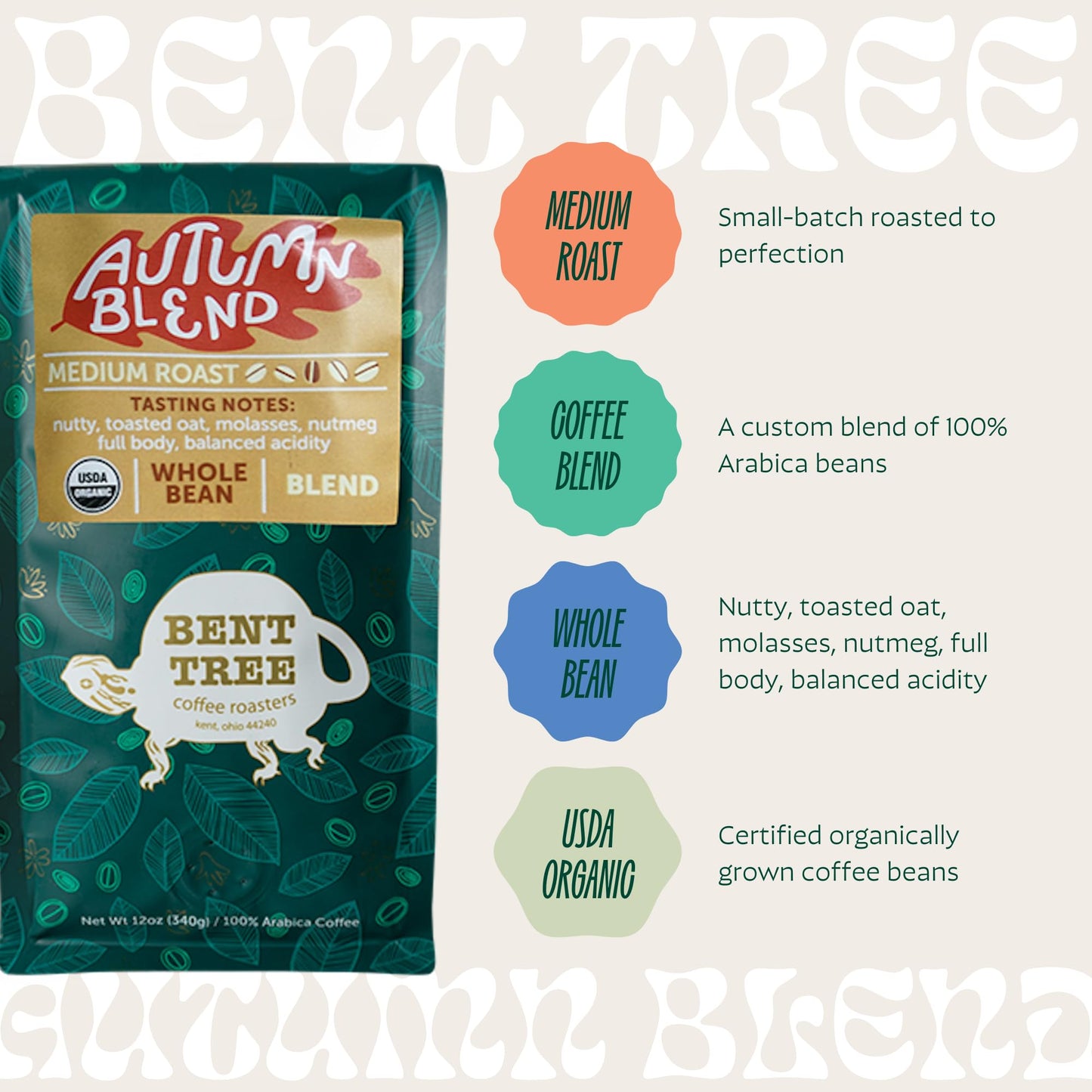 Bent Tree Coffee Roasters Organic Coffee, Autumn Blend, Whole Bean, Medium Roast, 12oz, USDA Organic, Nutty Notes