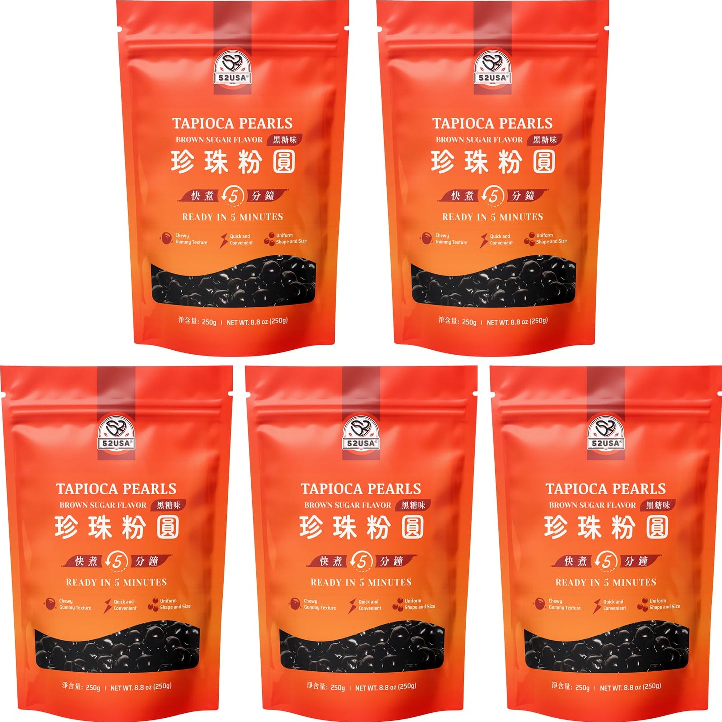 52USA Boba Tapioca Pearl, Black Sugar Flavor, Fresh Bubble Tea Pearl, 8.8 Oz (Pack of 5), Black Tapioca Pearl For Bubble Tea, Re