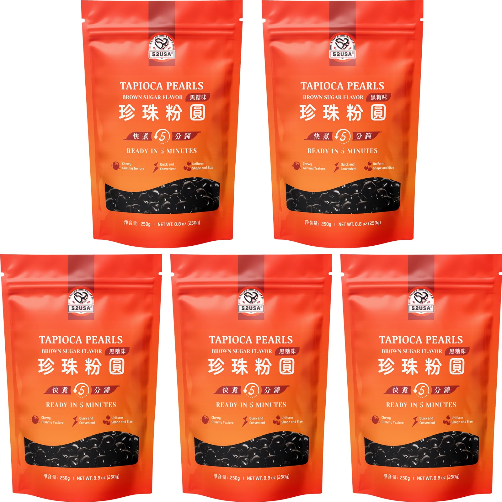 52USA Boba Tapioca Pearl, Black Sugar Flavor, Fresh Bubble Tea Pearl, 8.8 Oz (Pack of 5), Black Tapioca Pearl For Bubble Tea, Re