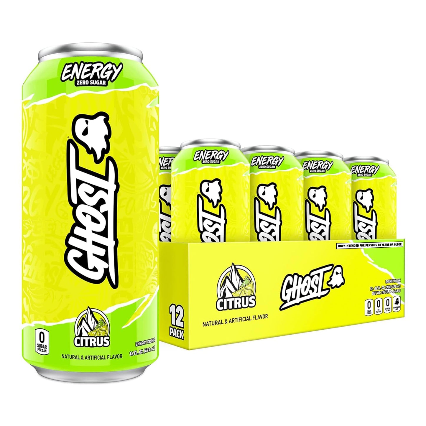 GHOST Energy Drink - Citrus Flavor, 12-Pack of 16oz Cans - Gluten-Free, Vegan, 200mg Natural Caffeine
