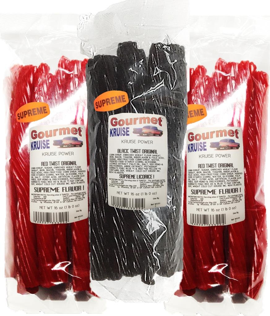 Red Licorice Original Twist 2-1lb Bags (1) Black Twist Licorice Original 1lb (NET WT 48 OZ) Gourmet Kruise Signature Gifts