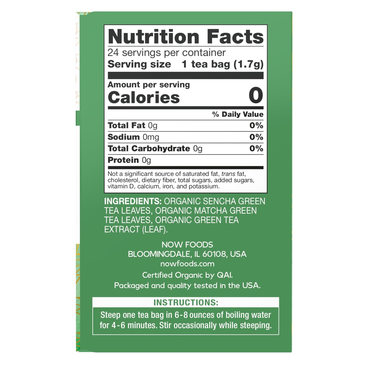 Now Foods, Certified Organic Green Kick Tea, With Polyphenols, Premium Unbleached Tea Bags With No-Staples Design, No Added Colo