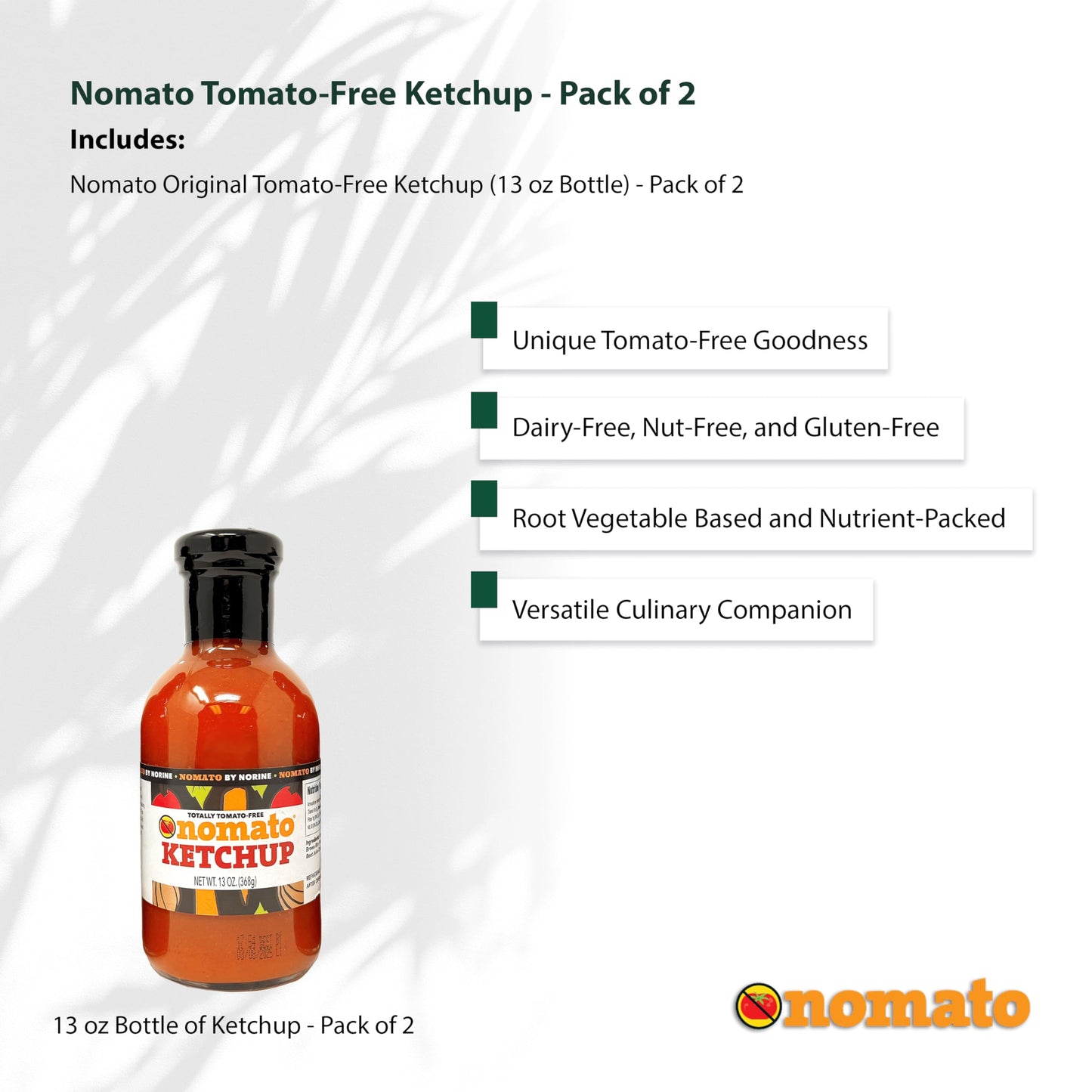 Nomato - 2 Pack Of Original Tomato Free Ketchup Sauce (13 Oz) - Tomato Free, Gluten Free, Nut Free And Dairy Free (Ketchup, 2 Pa