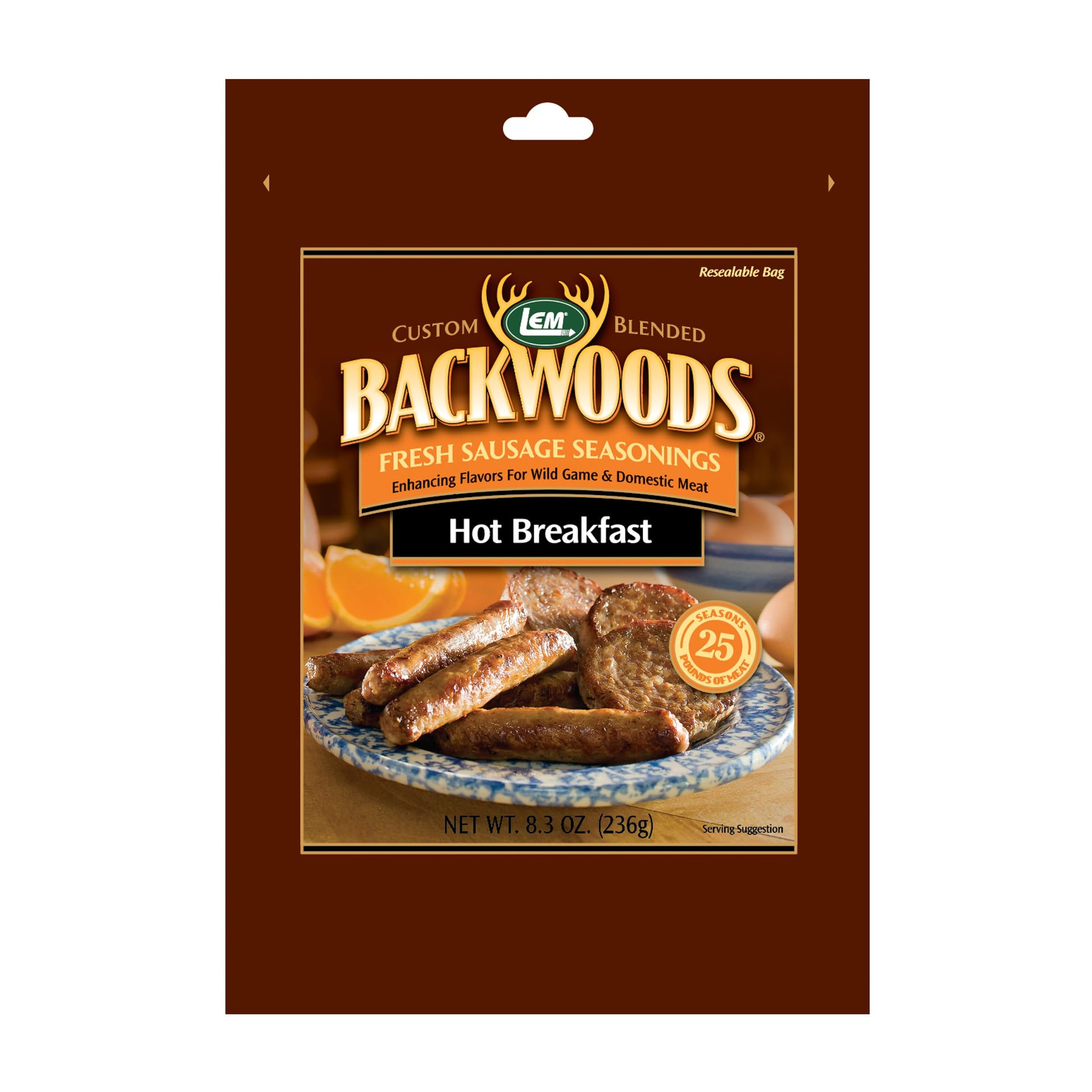 Lem Products Backwoods Hot Breakfast Fresh Sausage Seasoning, Ideal For Wild Game And Domestic Meat, Seasons Up To 25 Pounds Of Meat, 8.3 Ounce Packet