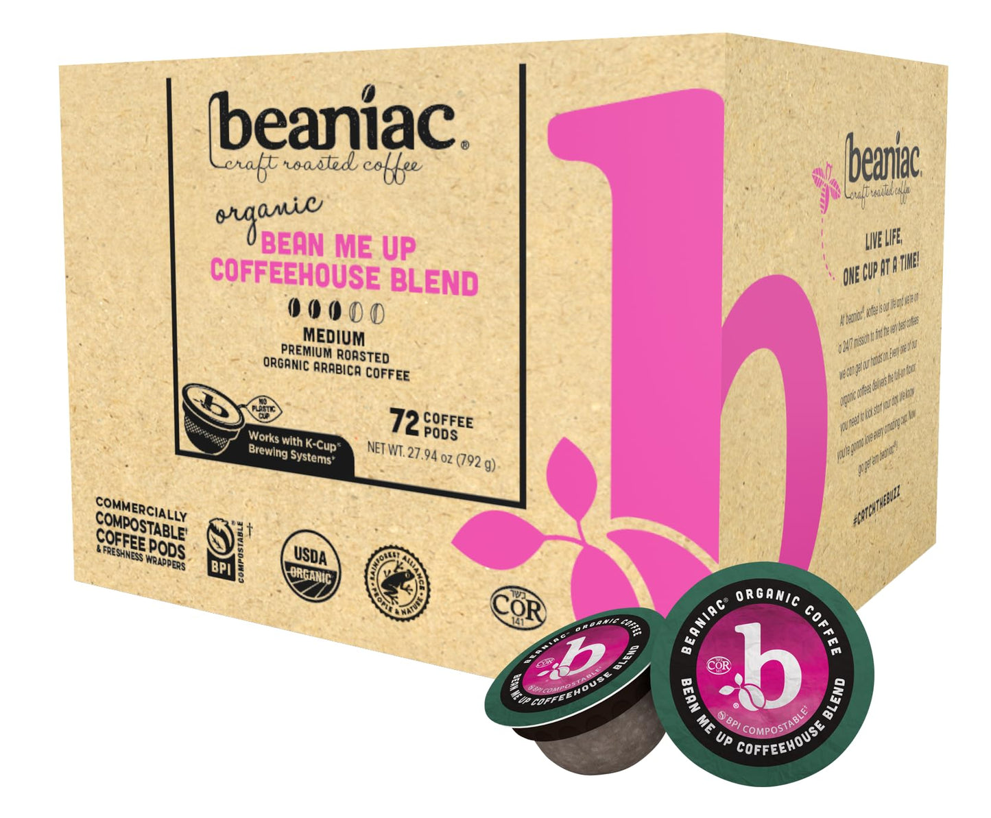 beaniac Organic Bean Me Up Coffeehouse Blend K Cup Pods, Medium Roast, 72 Count, Rainforest Alliance Certified, Compatible with Keurig