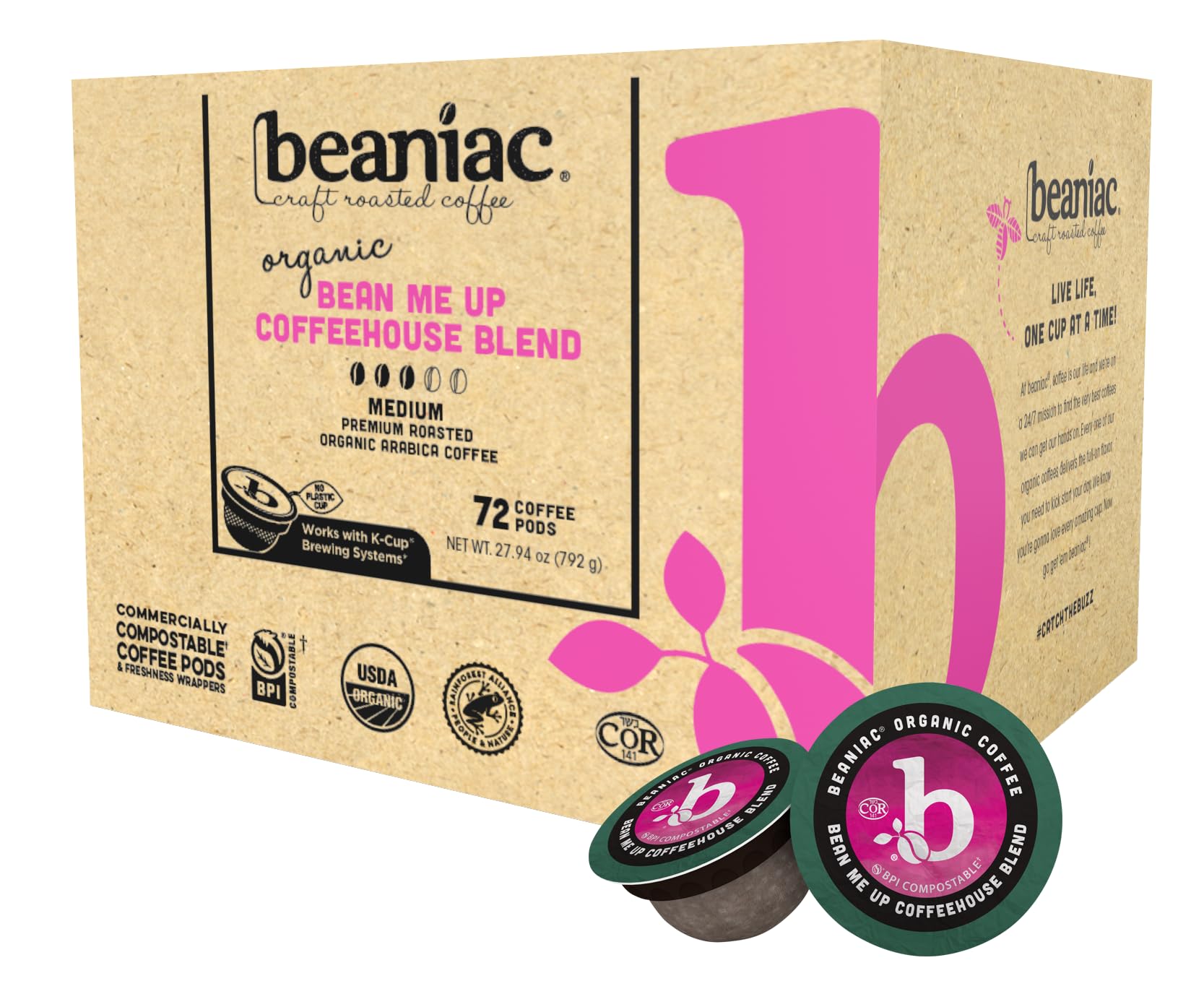 beaniac Organic Bean Me Up Coffeehouse Blend K Cup Pods, Medium Roast, 72 Count, Rainforest Alliance Certified, Compatible with Keurig