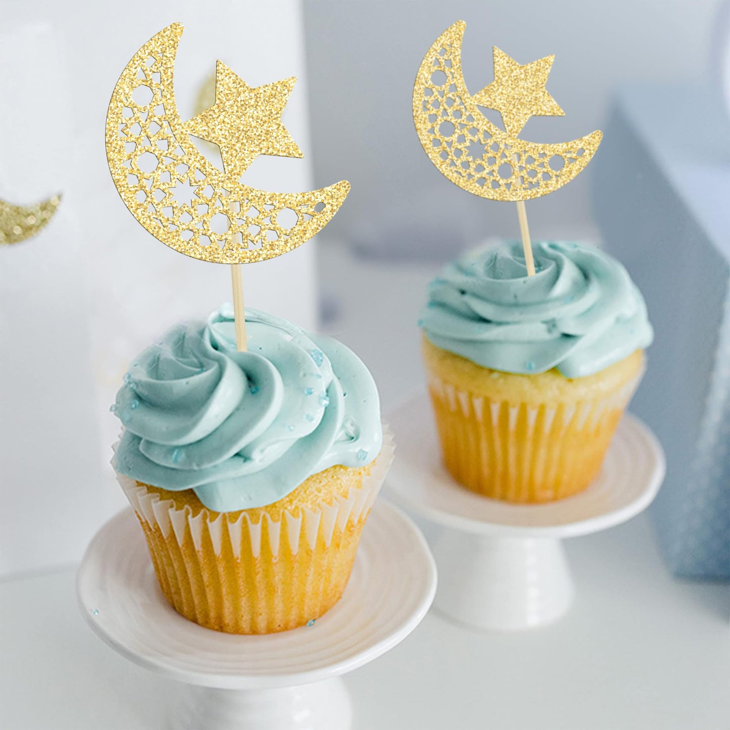 Gyufise Cupcake Toppers, 24Pcs Gold Glitter Moon Star, Eid Mubarak Decorations, Paper Picks for Islamic Muslim Theme Party