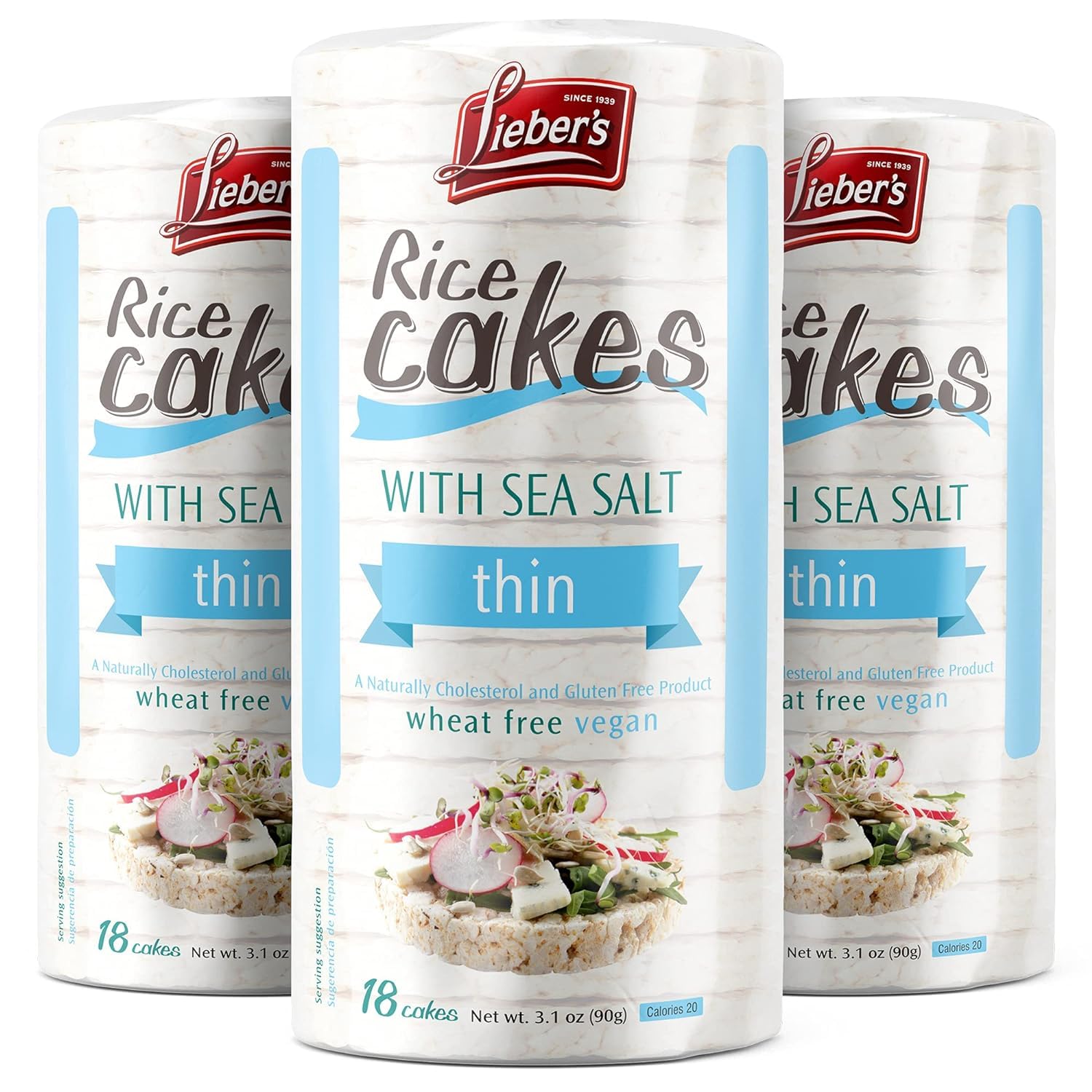 Liebers Sea Salt Rice Cakes, Dairy Free, Gluten Free, Vegan, Kosher Certified, 3-Pack, 1.03 Ounce