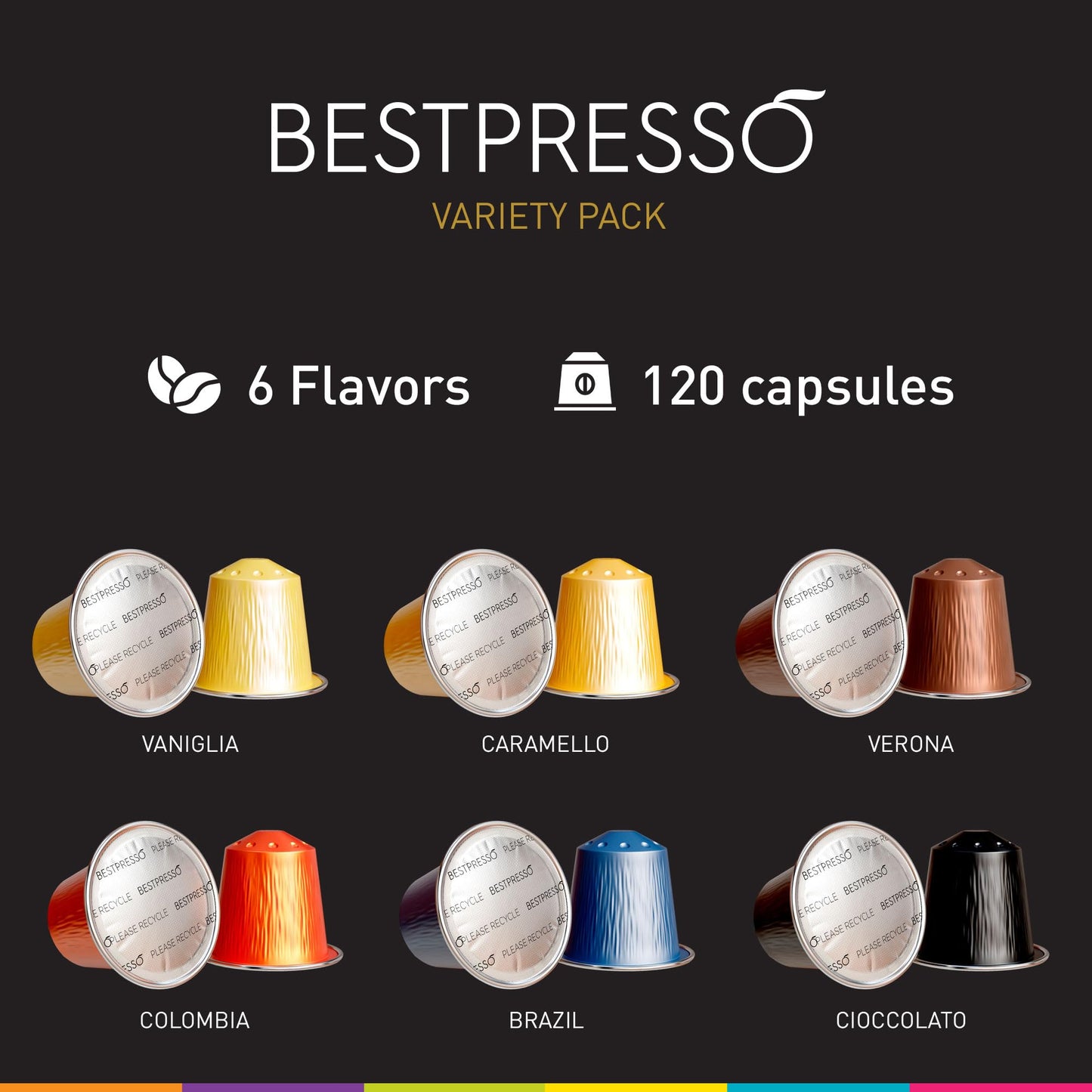 Bestpresso Coffee For Nespresso Original Machine 120 Aluminum Pods Certified Genuine Espresso Variety Pack Mix Flavored And Dark Roast, Pods Compatible With Nespresso Original