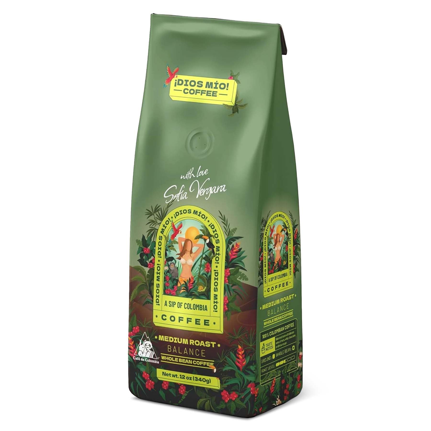 Dios Mio Coffee By Sofia Vergara  Medium Roast  Whole Bean Top-Grade Colombian Coffee  12 Ounce Bag
