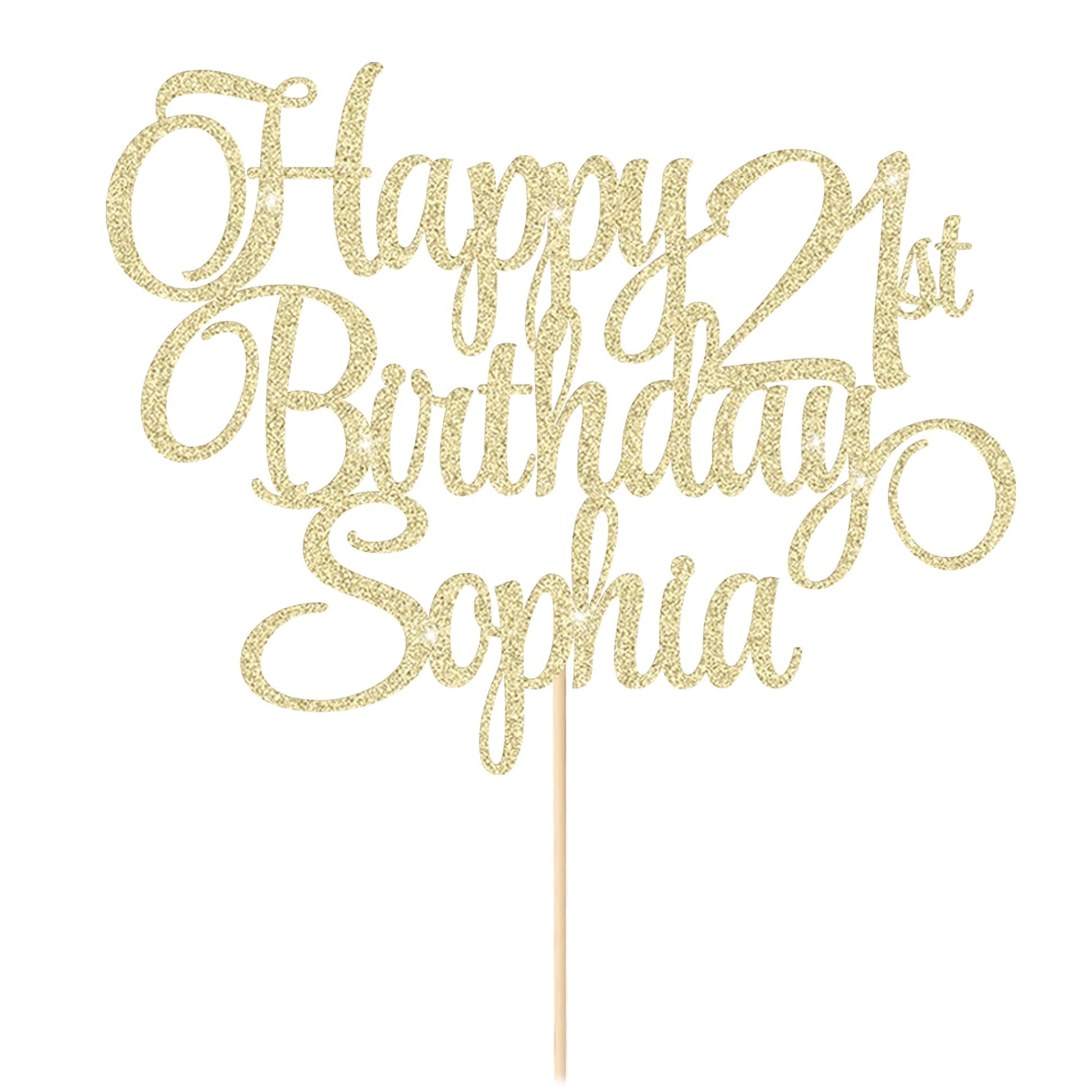 EDSG Happy Birthday Cake Topper Personalized Double-Sided Glitter 7x4 Champagne Gold