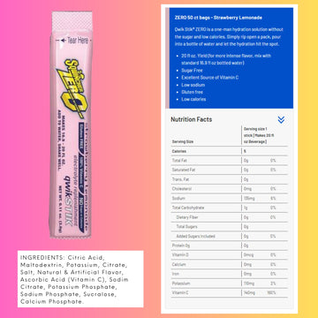 Sqwincher Zero Qwik Stik Electrolyte Powder Mix, 50 Count Bag, Sugar Free, Strawberry Lemonade, Model 060099-SL-50
