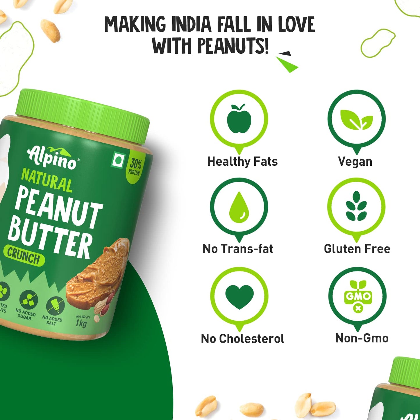 Alpino Natural Peanut Butter Crunch 1Kg - 100% Roasted Peanuts - 30G Protein, No Added Sugar & Salt, Non-Gmo, Gluten Free, Vegan