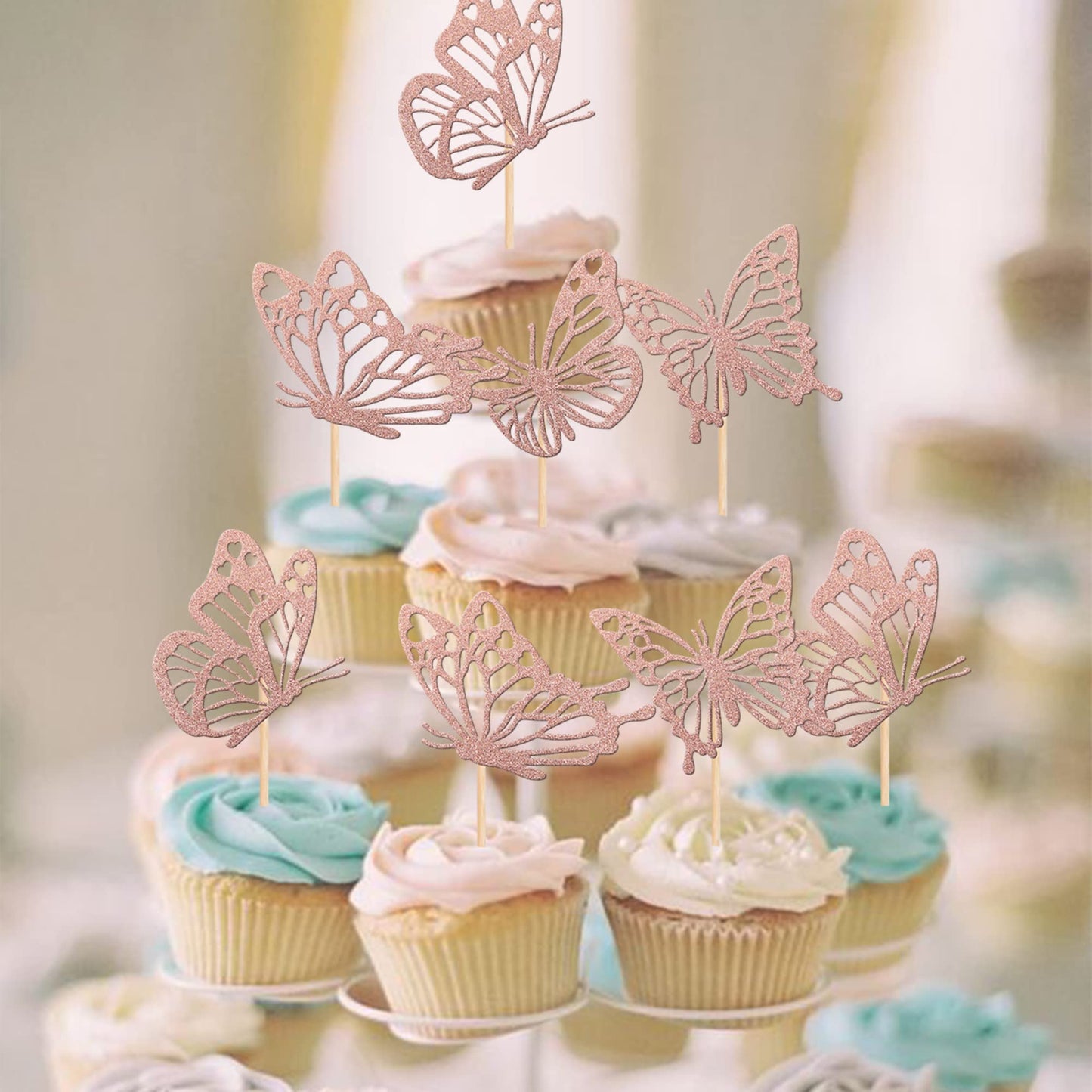 Rssta i Butterfly Cupcake Toppers, 24 Pack, Glitter, Paper, Rose Gold, Model XM248