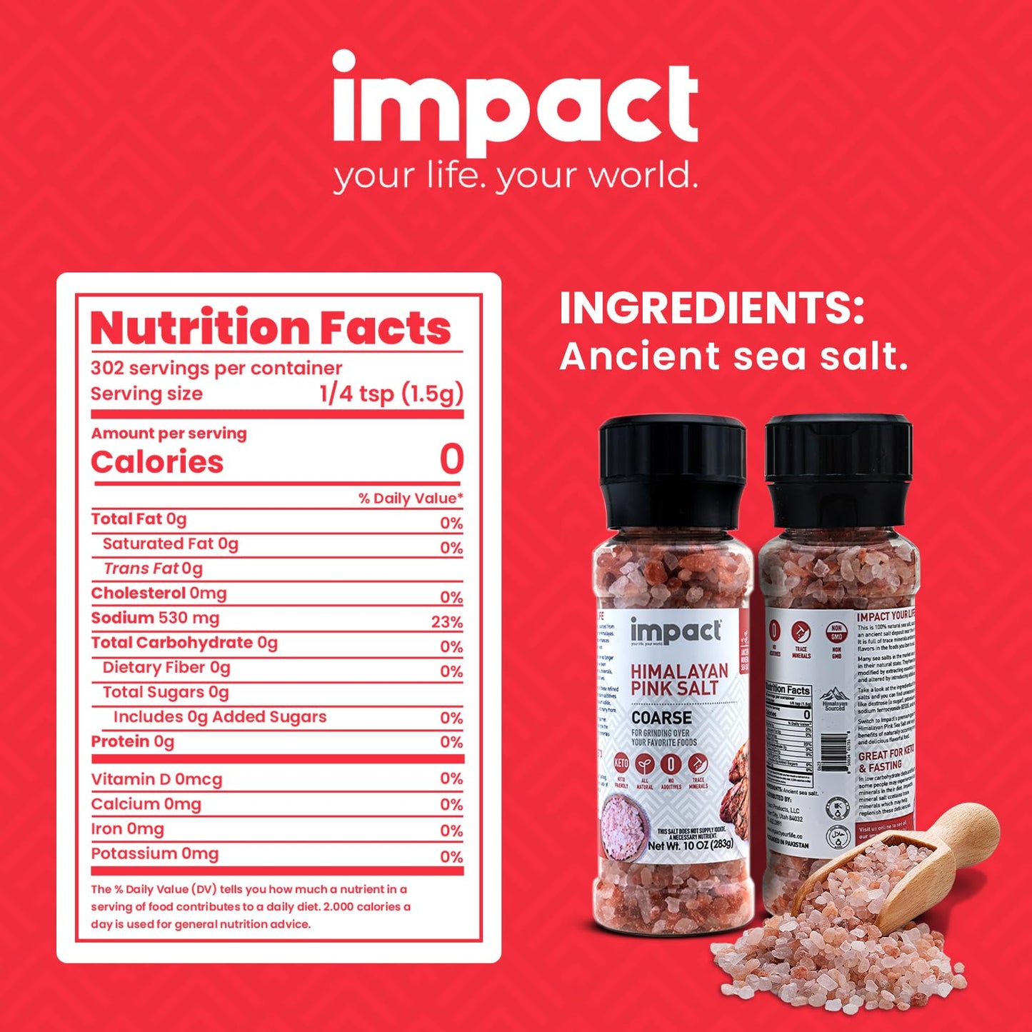 Impact - Coarse Himalayan Pink Sea Salt - No Additives Rich in Trace Minerals Non-GMO Gluten-Free Ideal for Low-Carb Fasting Coo