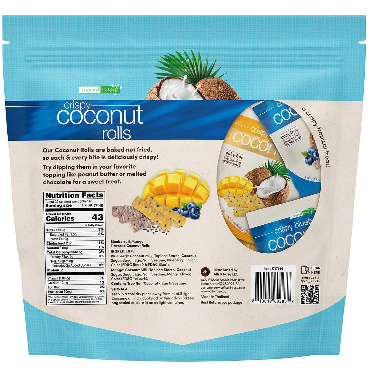 Tropical Fields Crispy Coconut Rolls - Dairy Free with Roasted Sesame Seeds, Mango & Blueberry Flavors, Perfect Snack Treat