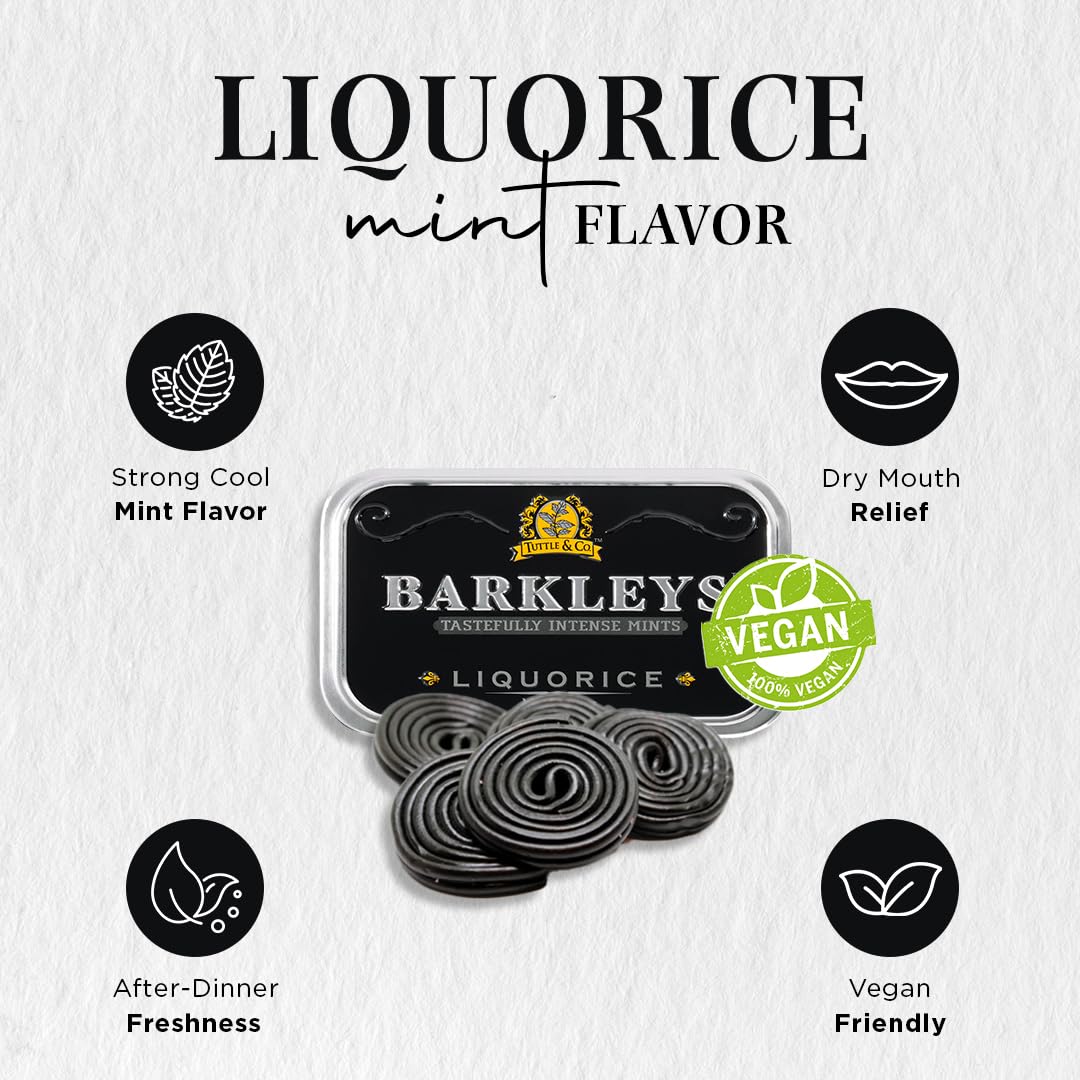 Barkleys Liquorice Breath Mints - Vegan Cool Mint Candy - 6 Pack - Reusable Tin - 50 Count Each